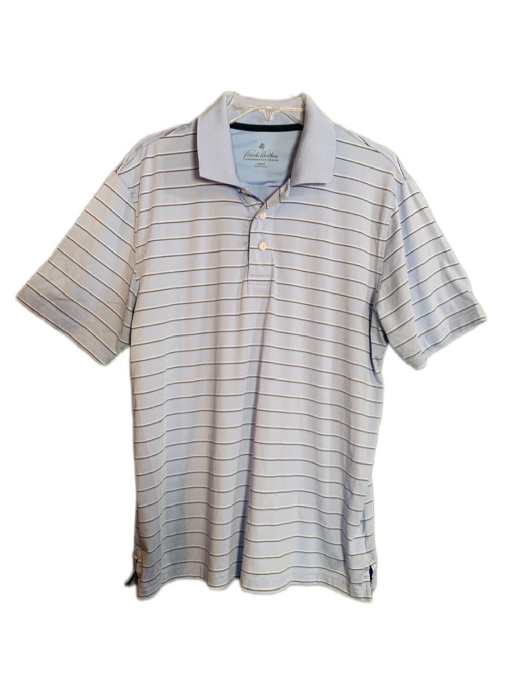 Brooks Brothers Performance Poly Spandex Series Polo Shirt Mens L Blue Striped